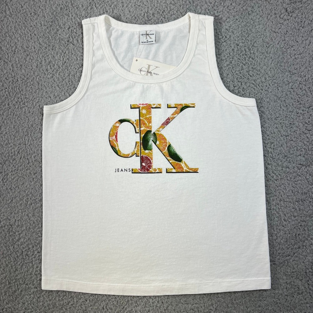 Calvin Klein Jeans Tank Top Juniors M White Fruit Logo‎ Graphic USA VTG NWT